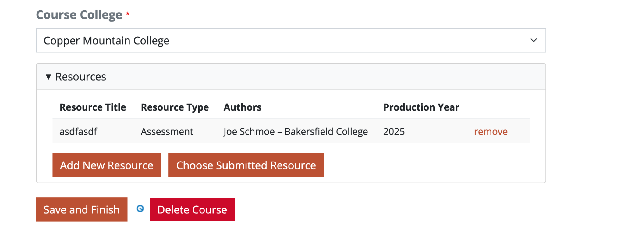 Screenshot of summary table of resources attached to a course.