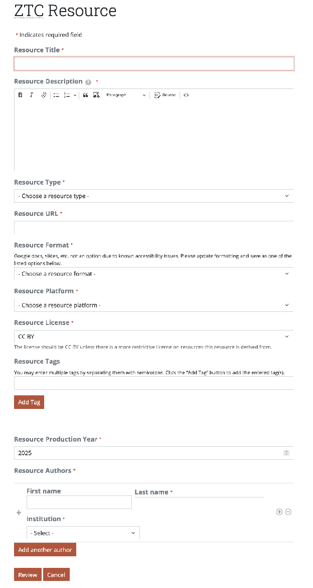 Screenshot of resource entry form.